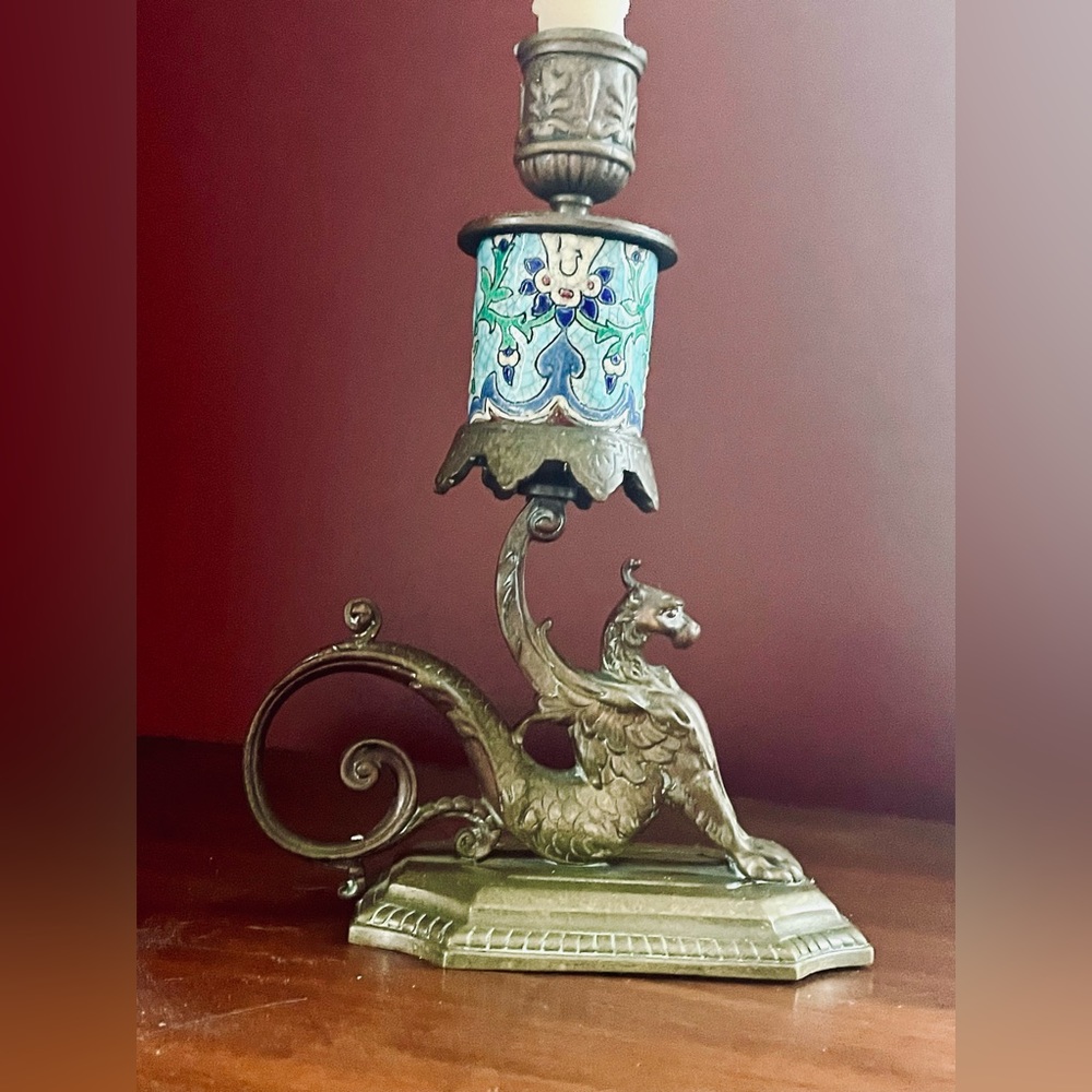 Antique French Longwy, Bronze Gargoyle Griffin Candlestick, Victorian, Gothic